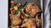 Oven-Fried Pork Chops Recipe with Sweet Potatoes and Green Beans Oven-Fried Pork Chops Recipe with Sweet Potatoes and Green Beans