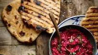 Salt-baked beetroot houmous with spelt flat breads Salt-baked beetroot houmous with spelt flat breads
