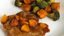 Pork Chops with Balsamic-Peach Glaze, Roasted Sweet Potatoes and Broccoli Pork Chops with Balsamic-Peach Glaze, Roasted Sweet Potatoes and Broccoli