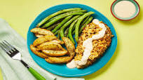Crispy Caesar Chicken with Herby Potato Wedges & Roasted Green Beans Crispy Caesar Chicken with Herby Potato Wedges & Roasted Green Beans
