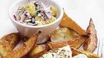 Roast fish & chips with orange raita Roast fish & chips with orange raita