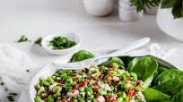 High-protein vegetarian plate with edamame and feta cheese High-protein vegetarian plate with edamame and feta cheese