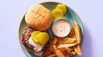 Buffalo-Ranch Burger with Pickles & Oven Fries Buffalo-Ranch Burger with Pickles & Oven Fries