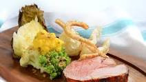 Roasted organic pork with salt and pepper crackling and autumn brassicas Roasted organic pork with salt and pepper crackling and autumn brassicas