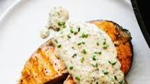 Grilled Salmon Steak with Creamy Mustard Chive Sauce Grilled Salmon Steak with Creamy Mustard Chive Sauce