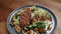 Duck Breast with Mustard Pan Sauce, Duck fat potatoes, Haricots Verts and Frisee Duck Breast with Mustard Pan Sauce, Duck fat potatoes, Haricots Verts and Frisee
