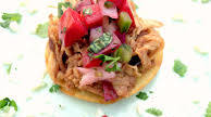 Sweet Pork Mini Tostadas with Plum Salsa Sweet Pork Mini Tostadas with Plum Salsa