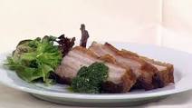 Crispy kurobuta pork belly with chimichirri sauce & green salad Crispy kurobuta pork belly with chimichirri sauce & green salad