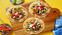 Cheesy Beef Tostadas with Green Pepper, Tomato Salsa, and Hot Sauce Crema Cheesy Beef Tostadas with Green Pepper, Tomato Salsa, and Hot Sauce Crema