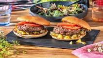 Bacon and Cheese Stuffed Burgers with Crisp Salad and Ranch Dressing Bacon and Cheese Stuffed Burgers with Crisp Salad and Ranch Dressing