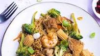 Ramen stir fry with shrimp, eggs, and vegetables Ramen stir fry with shrimp, eggs, and vegetables