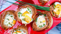 Delicious breakfast muffins with toast, salami and eggs Delicious breakfast muffins with toast, salami and eggs