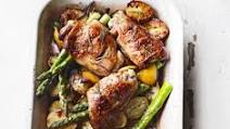 Rosemary roast chicken thighs, new potatoes, asparagus & garlic Rosemary roast chicken thighs, new potatoes, asparagus & garlic