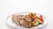 Pork Tenderloin Piccata with Crispy Onion Topped Tomatoes and Zucchini ready in 15 minutes Pork Tenderloin Piccata with Crispy Onion Topped Tomatoes and Zucchini ready in 15 minutes