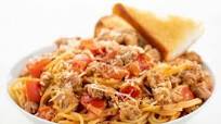 Creamy Tomato Pork Spaghetti with Parmesan and Garlic Bread $5.99 per serving Creamy Tomato Pork Spaghetti with Parmesan and Garlic Bread $5.99 per serving