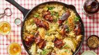 Knackwurst & Sauerkraut Skillet with Whole-Grain Mustard & Sour Cream Knackwurst & Sauerkraut Skillet with Whole-Grain Mustard & Sour Cream
