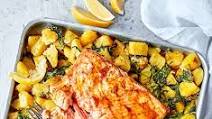 Spiced salmon with traybaked sag aloo Spiced salmon with traybaked sag aloo