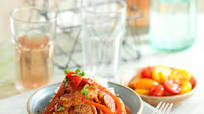 Pan Fried Pork Fillet With Chorizo, Peppers And Tomatoes Pan Fried Pork Fillet With Chorizo, Peppers And Tomatoes