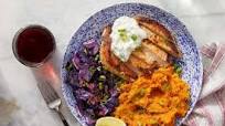 Seared Pork & Korma-Mashed Sweet Potatoes with Roasted Red Cabbage Seared Pork & Korma-Mashed Sweet Potatoes with Roasted Red Cabbage