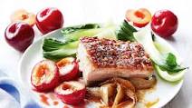 Slow-roasted pork belly with roasted plums Slow-roasted pork belly with roasted plums