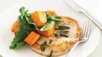 Pork loin medallion steaks & sage butter with golden sweet potato Pork loin medallion steaks & sage butter with golden sweet potato