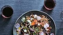 Farro Salad with Roasted Sweet Potatoes, Red Onion, and Goat Cheese Recipe Farro Salad with Roasted Sweet Potatoes, Red Onion, and Goat Cheese Recipe