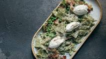 Fresh herb rag pasta with pancetta, peas and goat's curd Fresh herb rag pasta with pancetta, peas and goat's curd
