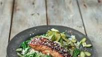 Sticky Asian-style salmon with broccoli, quick pickled cucumber & rice Sticky Asian-style salmon with broccoli, quick pickled cucumber & rice