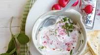 Radish tzatziki dip with crisp flatbreads Radish tzatziki dip with crisp flatbreads