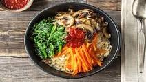 Vegetarian Bibimbap with Mushrooms, Carrot and Sesame Spinach Vegetarian Bibimbap with Mushrooms, Carrot and Sesame Spinach