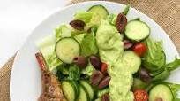 Pan-Seared Lamb Chops with Greek Salad & Avocado Dressing Pan-Seared Lamb Chops with Greek Salad & Avocado Dressing
