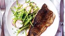 Crispy Rainbow Trout with Snow Pea Salad and Spiced Yogurt Dressing Crispy Rainbow Trout with Snow Pea Salad and Spiced Yogurt Dressing