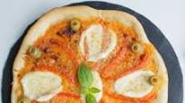 Pizza Margherita di Bufala topped with red peppers and olives Pizza Margherita di Bufala topped with red peppers and olives