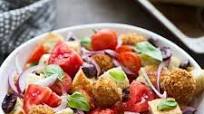 Greek Panzanella Salad with Fried Goat Cheese Balls Greek Panzanella Salad with Fried Goat Cheese Balls