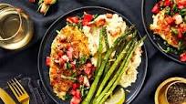 Bruschetta Chicken with a Crispy Mozzarella Crust, Bacon Mashed Potatoes, and Asparagus Bruschetta Chicken with a Crispy Mozzarella Crust, Bacon Mashed Potatoes, and Asparagus