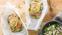 Salmon and summer squash in parchment with Mediterranean farro salad Salmon and summer squash in parchment with Mediterranean farro salad
