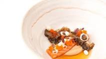 Cured salmon with dashi braised salmon skin and deep fried aubergine puree Cured salmon with dashi braised salmon skin and deep fried aubergine puree