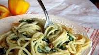 Spaghetti with Mascarpone, Meyer Lemon, Spinach, and Hazelnuts Spaghetti with Mascarpone, Meyer Lemon, Spinach, and Hazelnuts