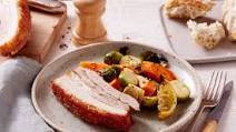 Crispy salt and pepper pork belly with lemon-roasted Brussels sprouts Crispy salt and pepper pork belly with lemon-roasted Brussels sprouts