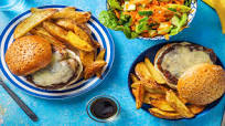 Cheese Burger with Wedges and Balsamic Dressed Salad Cheese Burger with Wedges and Balsamic Dressed Salad