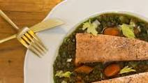 Sauteed Salmon with French Lentils, Celery Leaves and Herb Infused Olive Oil Sauteed Salmon with French Lentils, Celery Leaves and Herb Infused Olive Oil