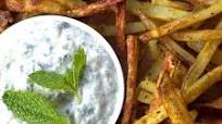 Hot Curry Fries with Vegan Cucumber Mint Raita Hot Curry Fries with Vegan Cucumber Mint Raita