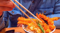 Ten don donburi tempura with shrimp, eggplant, & renkon Ten don donburi tempura with shrimp, eggplant, & renkon