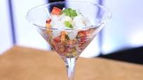 Cod martinis with strawberry peach salsa Cod martinis with strawberry peach salsa