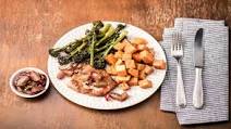 Pork Chops with Rosemary-Grape Salsa, Sweet Potatoes, and Roasted Broccolini Pork Chops with Rosemary-Grape Salsa, Sweet Potatoes, and Roasted Broccolini