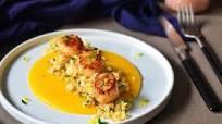 Browned Butter Scallops on Cauli-couscous & Pumpkin Puree Browned Butter Scallops on Cauli-couscous & Pumpkin Puree