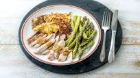 Dijon Pork Chops with Crispy Potato Cakes and Asparagus Dijon Pork Chops with Crispy Potato Cakes and Asparagus