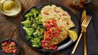 Bruschetta Chicken with a Crispy Mozzarella Crust, Bacon Mashed Potatoes & Broccoli Bruschetta Chicken with a Crispy Mozzarella Crust, Bacon Mashed Potatoes & Broccoli