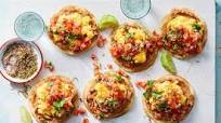 Scrambled Egg & Refried Bean Tostadas with Cheddar-Jack & Chile-Lime Salt Scrambled Egg & Refried Bean Tostadas with Cheddar-Jack & Chile-Lime Salt