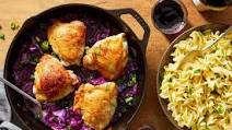 Saucy Skillet Chicken Thighs with Herb-Buttered Noodles & Braised Cabbage Saucy Skillet Chicken Thighs with Herb-Buttered Noodles & Braised Cabbage